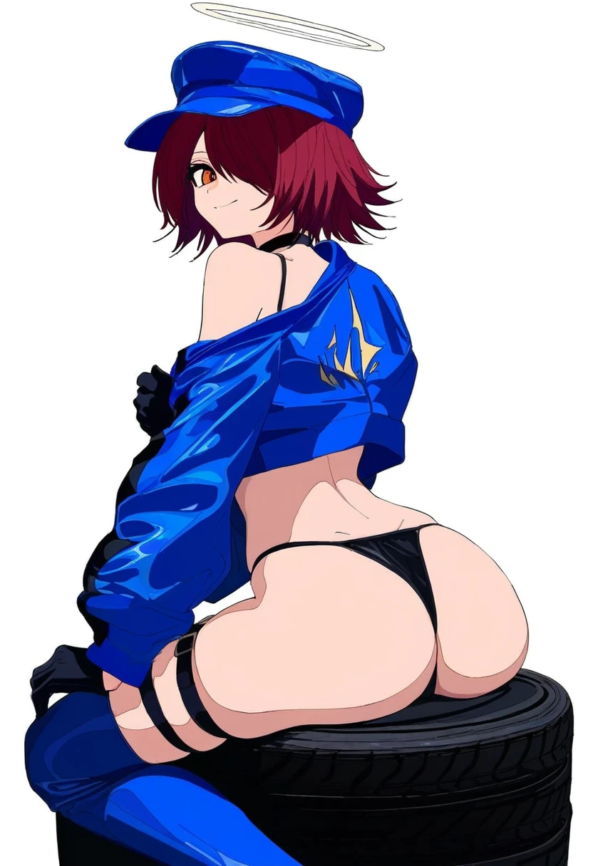 [[cogecha]],ryou\(ryoutarou\), - 1girl,exusiai \(arknights\),arknights,black gloves,black panties,blue thigh boots,blue hat,blue jacket,long sleeves,race queen,thigh strap,thong,single bare shoulder,skindentation,tire,