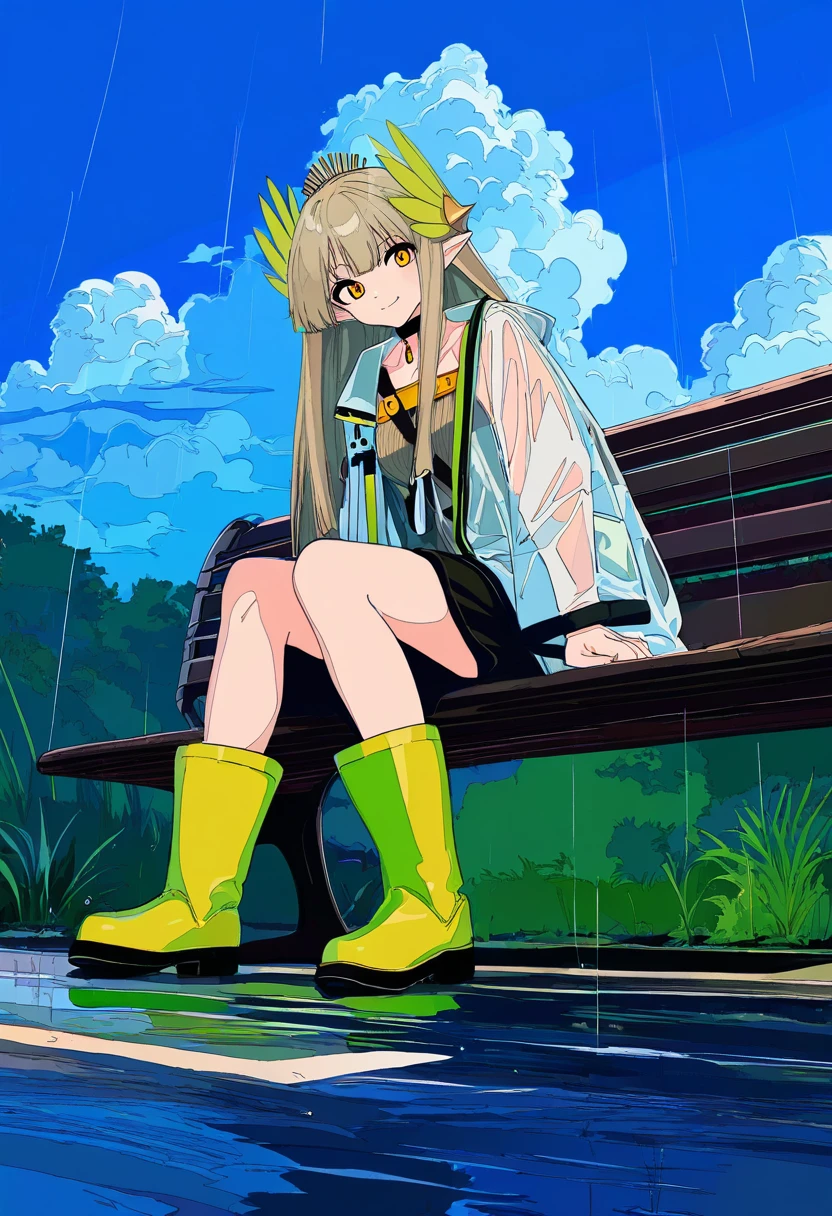 [[cogecha]],ryou\(ryoutarou\), - 1girl,muelsyse \(arknights\),arknights,cloudy sky,grass,on bench,outdoors,rain,road,yellow rubber boots,see-through coat,sitting,transparent raincoat,water drop,