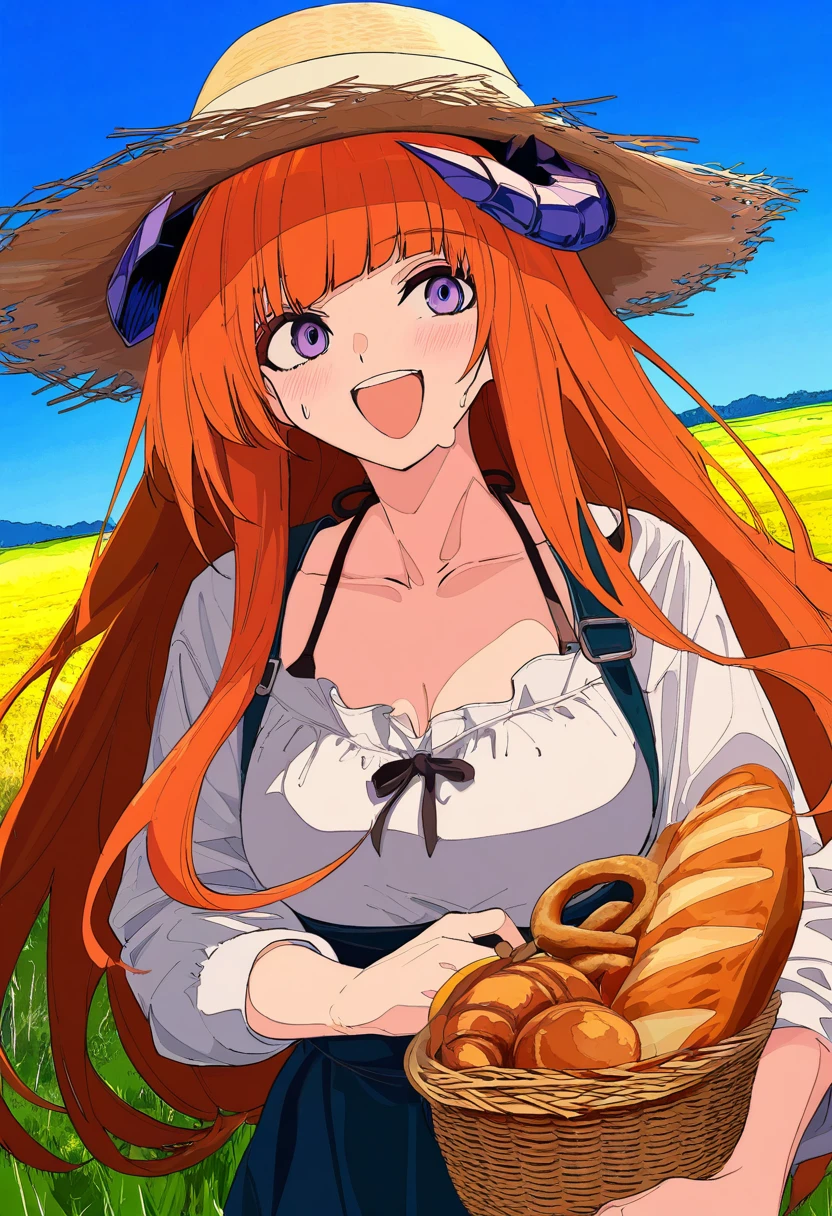 [[cogecha]],ryou\(ryoutarou\), - 1girl,bagpipe \(arknights\),arknights,baguette,blush,bread,croissant,holding basket,pretzel,upper body,straw hat,field,sky,laughing,sweat,sunlight,