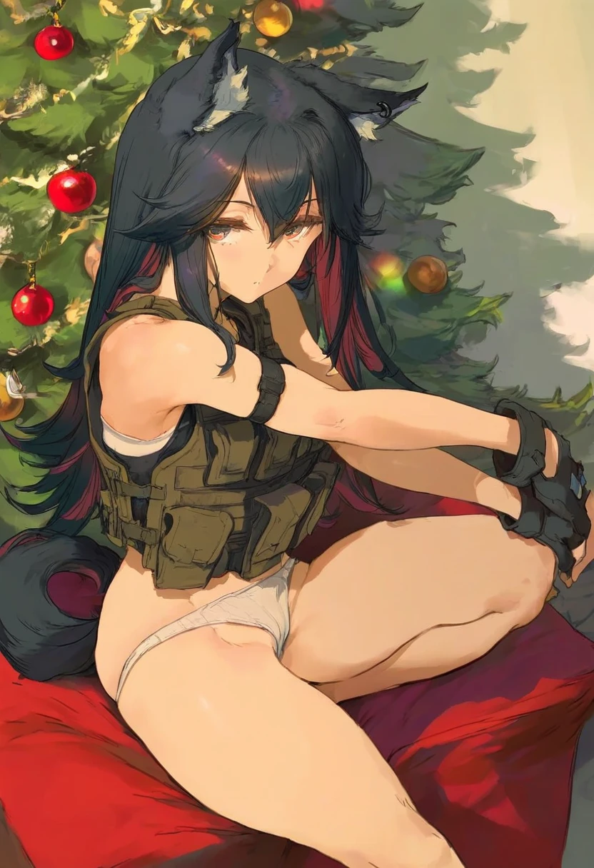 [[yoneyama mai]],[[cutesexyrobutts]],[[[[ke-ta]]]], - 1girl,texas \(arknights\),arknights,underwear,tactical vest,christmas tree,christmas ornaments,