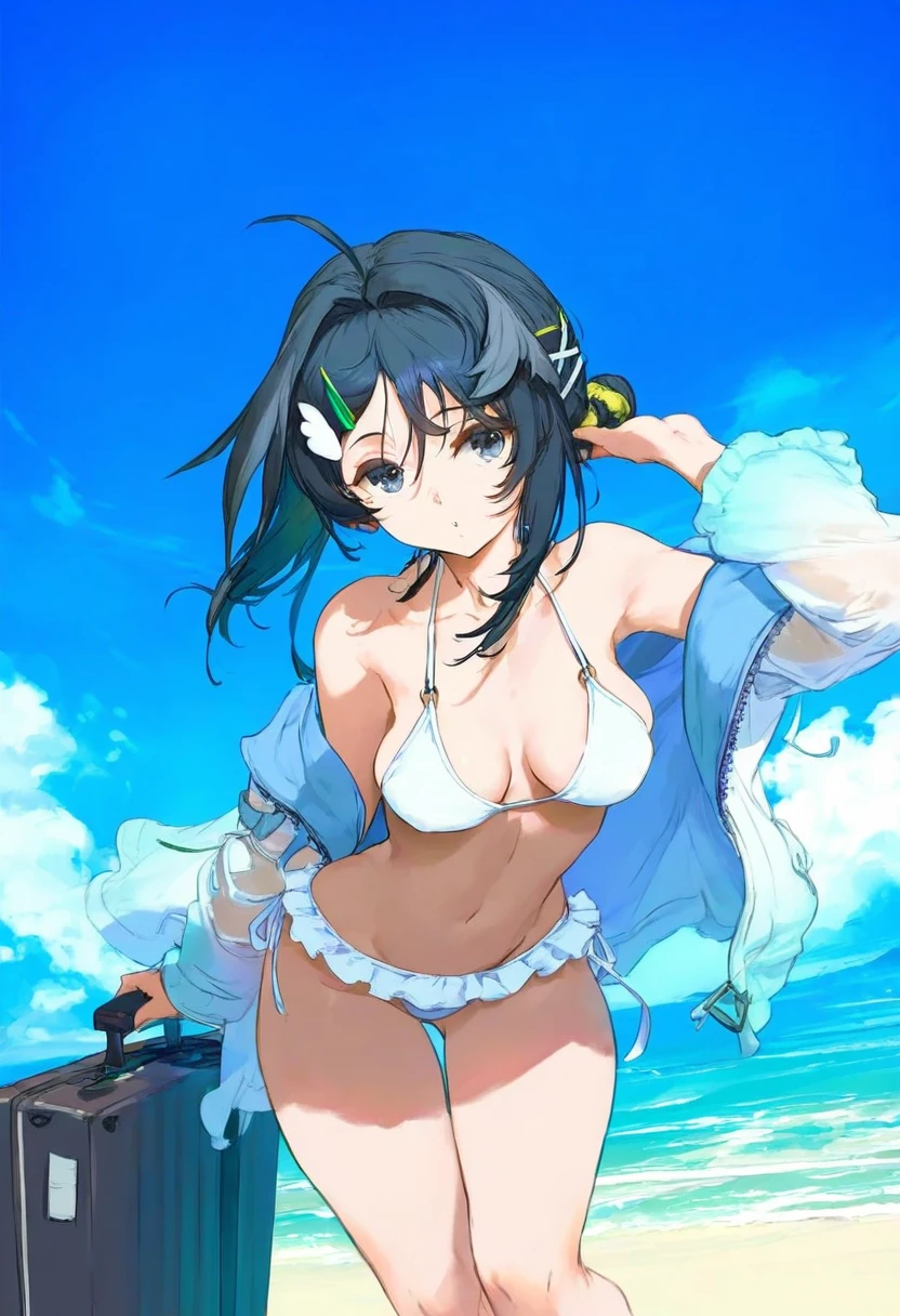 [[yoneyama mai]],[[cutesexyrobutts]],[[[[ke-ta]]]], - 1girl,la pluma \(summer flowers\) \(arknights\),arknights,white bikini,outdoors,navel,day,sky,blue sky,beach,suitcase,looking at viewer,ocean,low-tied long hair,leaning forward,standing,holding,frills,hand up,bare shoulders,floating hair,