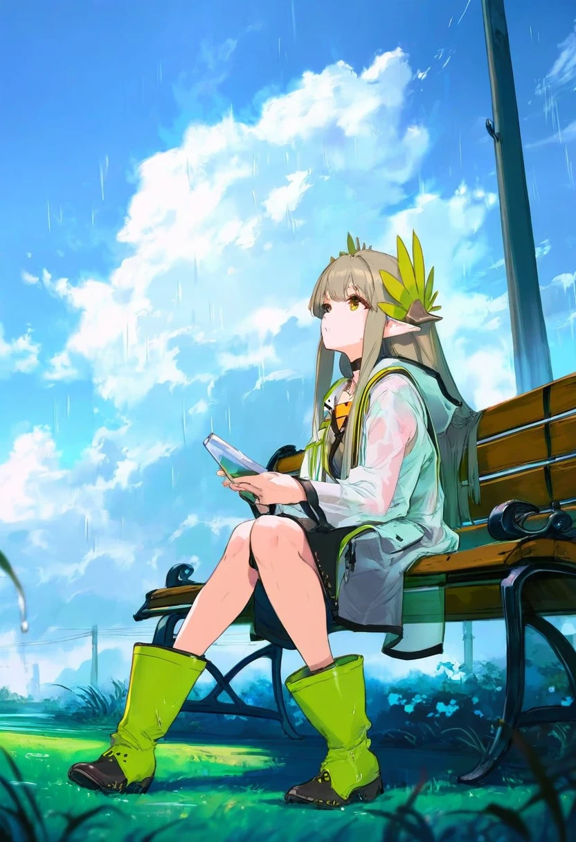 [[yoneyama mai]],[[cutesexyrobutts]],[[[[ke-ta]]]], - 1girl,muelsyse \(arknights\),arknights,cloudy sky,grass,on bench,outdoors,rain,road,yellow rubber boots,see-through coat,sitting,transparent raincoat,water drop,