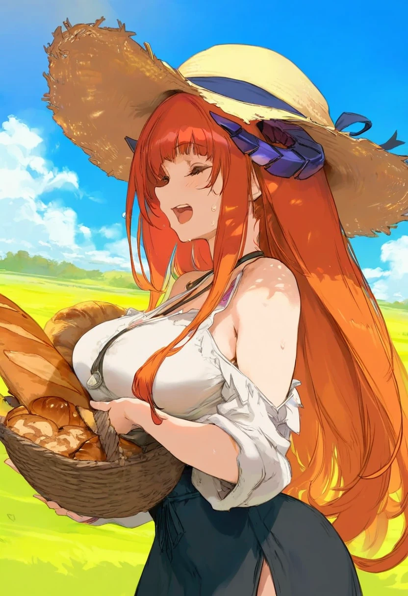 [[yoneyama mai]],[[cutesexyrobutts]],[[[[ke-ta]]]], - 1girl,bagpipe \(arknights\),arknights,baguette,blush,bread,croissant,holding basket,pretzel,upper body,straw hat,field,sky,laughing,sweat,sunlight,