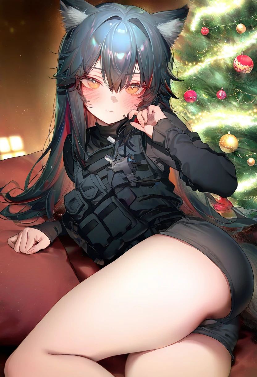 ((zuizi)),taitai,chen bin),[tianliang duohe fangdongye], - 1girl,texas \(arknights\),arknights,underwear,tactical vest,christmas tree,christmas ornaments,
