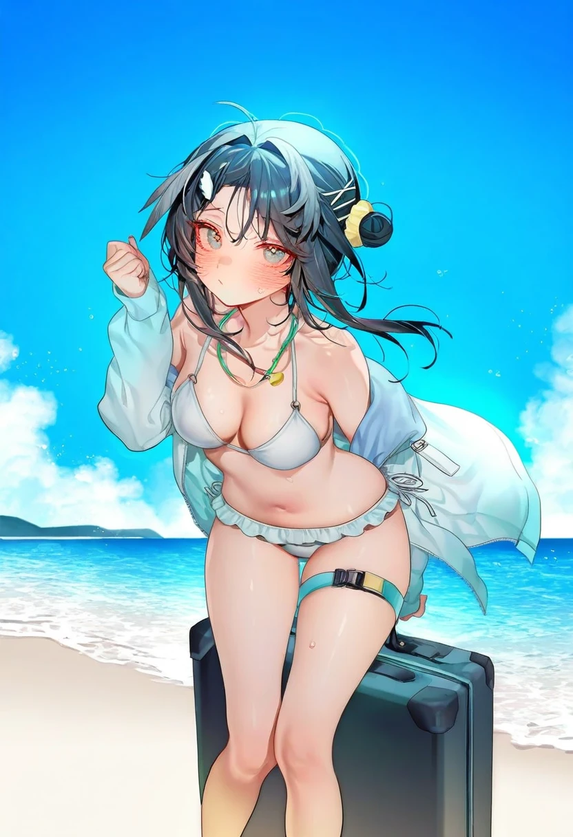 ((zuizi)),taitai,chen bin),[tianliang duohe fangdongye], - 1girl,la pluma \(summer flowers\) \(arknights\),arknights,white bikini,outdoors,navel,day,sky,blue sky,beach,suitcase,looking at viewer,ocean,low-tied long hair,leaning forward,standing,holding,frills,hand up,bare shoulders,floating hair,