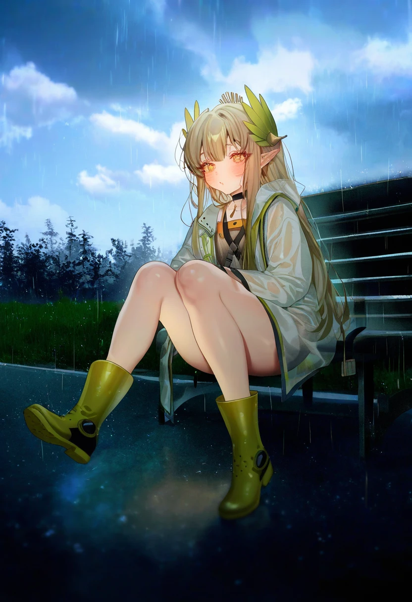 ((zuizi)),taitai,chen bin),[tianliang duohe fangdongye], - 1girl,muelsyse \(arknights\),arknights,cloudy sky,grass,on bench,outdoors,rain,road,yellow rubber boots,see-through coat,sitting,transparent raincoat,water drop,