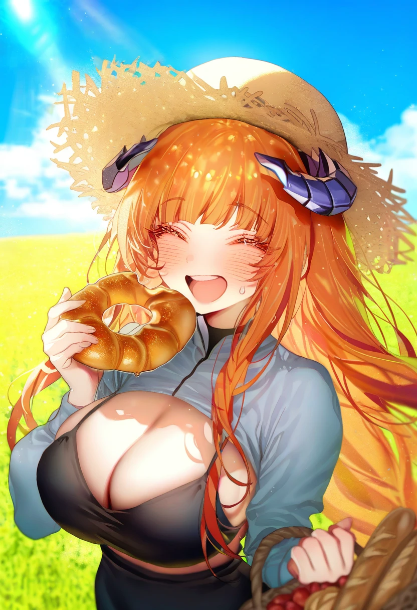((zuizi)),taitai,chen bin),[tianliang duohe fangdongye], - 1girl,bagpipe \(arknights\),arknights,baguette,blush,bread,croissant,holding basket,pretzel,upper body,straw hat,field,sky,laughing,sweat,sunlight,