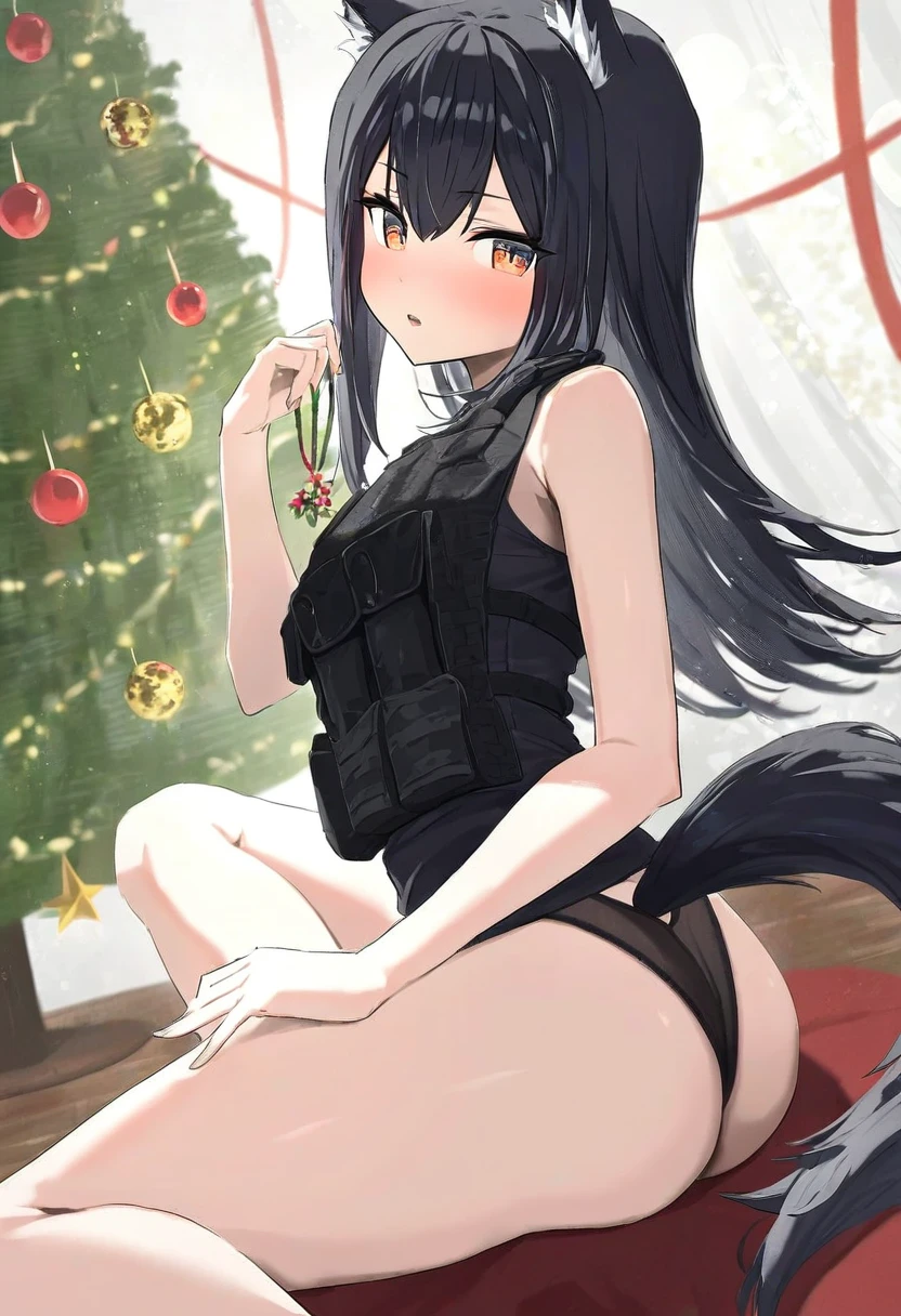 (shironekoban),(hidulume),meunhongcha, - 1girl,texas \(arknights\),arknights,underwear,tactical vest,christmas tree,christmas ornaments,