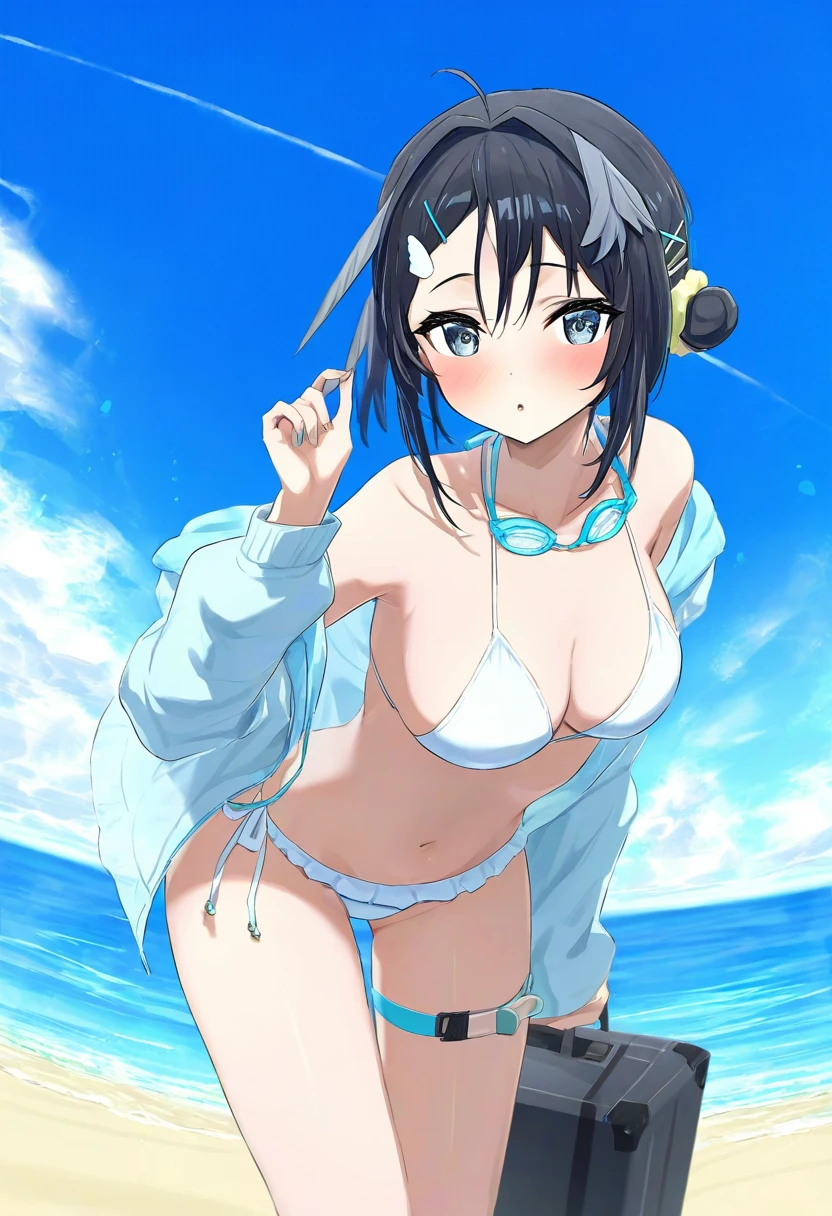 (shironekoban),(hidulume),meunhongcha, - 1girl,la pluma \(summer flowers\) \(arknights\),arknights,white bikini,outdoors,navel,day,sky,blue sky,beach,suitcase,looking at viewer,ocean,low-tied long hair,leaning forward,standing,holding,frills,hand up,bare shoulders,floating hair,