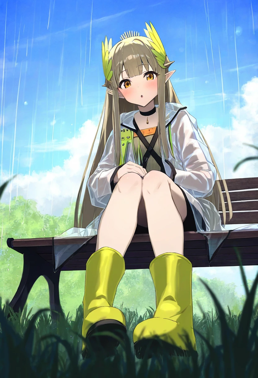 (shironekoban),(hidulume),meunhongcha, - 1girl,muelsyse \(arknights\),arknights,cloudy sky,grass,on bench,outdoors,rain,road,yellow rubber boots,see-through coat,sitting,transparent raincoat,water drop,