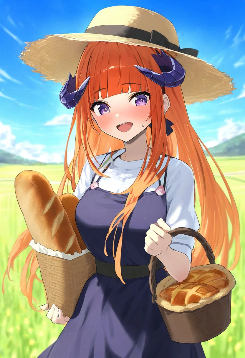 (shironekoban),(hidulume),meunhongcha, - 1girl,bagpipe \(arknights\),arknights,baguette,blush,bread,croissant,holding basket,pretzel,upper body,straw hat,field,sky,laughing,sweat,sunlight,
