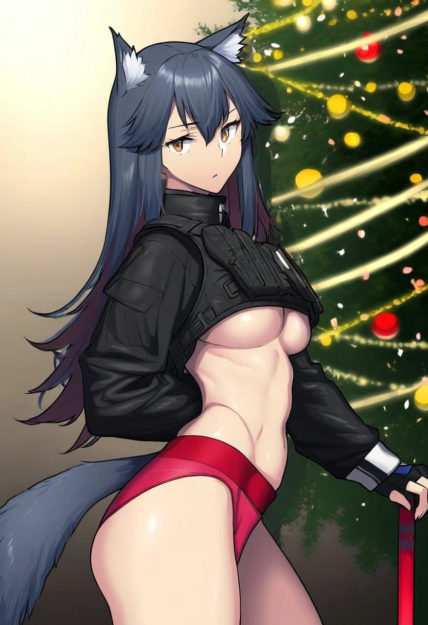 jonylaser,kazuhiro \(tiramisu\), - 1girl,texas \(arknights\),arknights,underwear,tactical vest,christmas tree,christmas ornaments,