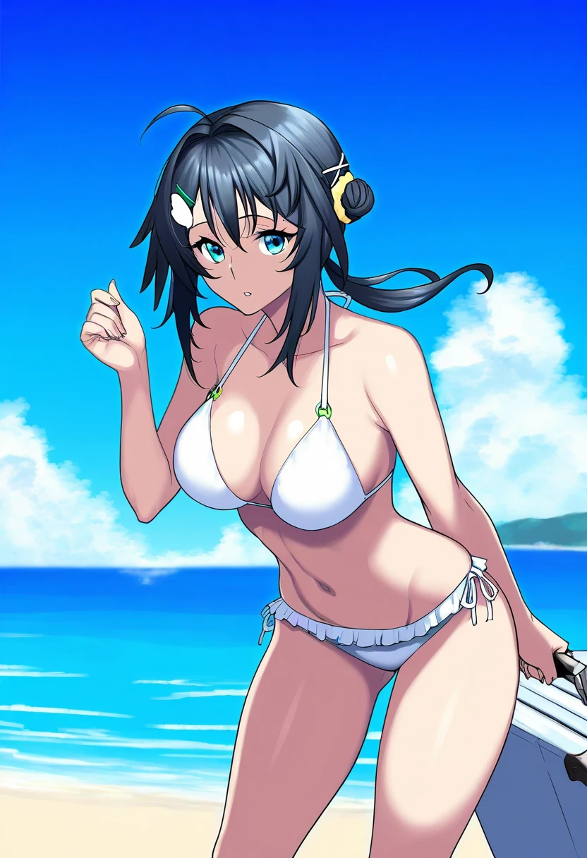 jonylaser,kazuhiro \(tiramisu\), - 1girl,la pluma \(summer flowers\) \(arknights\),arknights,white bikini,outdoors,navel,day,sky,blue sky,beach,suitcase,looking at viewer,ocean,low-tied long hair,leaning forward,standing,holding,frills,hand up,bare shoulders,floating hair,