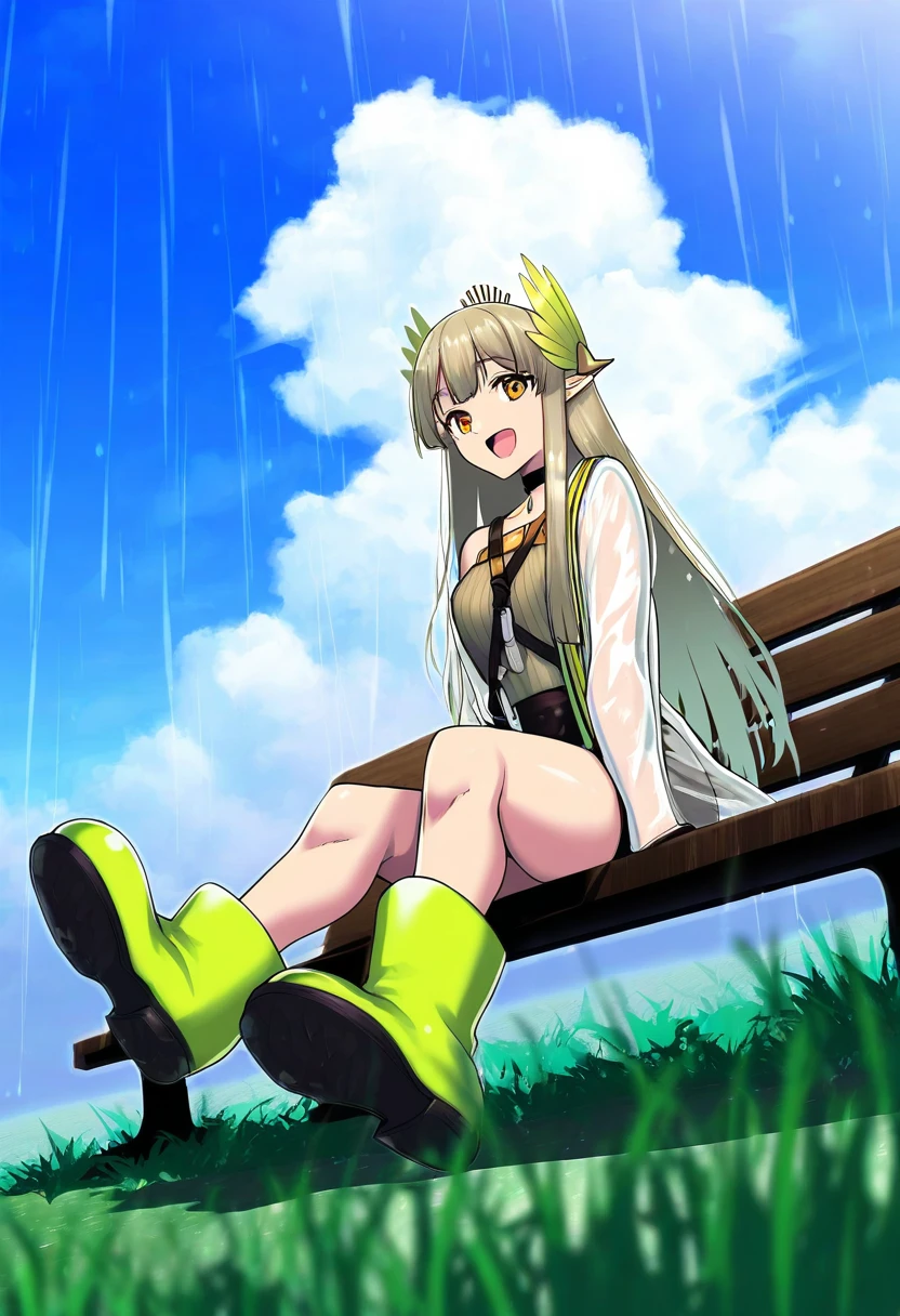 jonylaser,kazuhiro \(tiramisu\), - 1girl,muelsyse \(arknights\),arknights,cloudy sky,grass,on bench,outdoors,rain,road,yellow rubber boots,see-through coat,sitting,transparent raincoat,water drop,