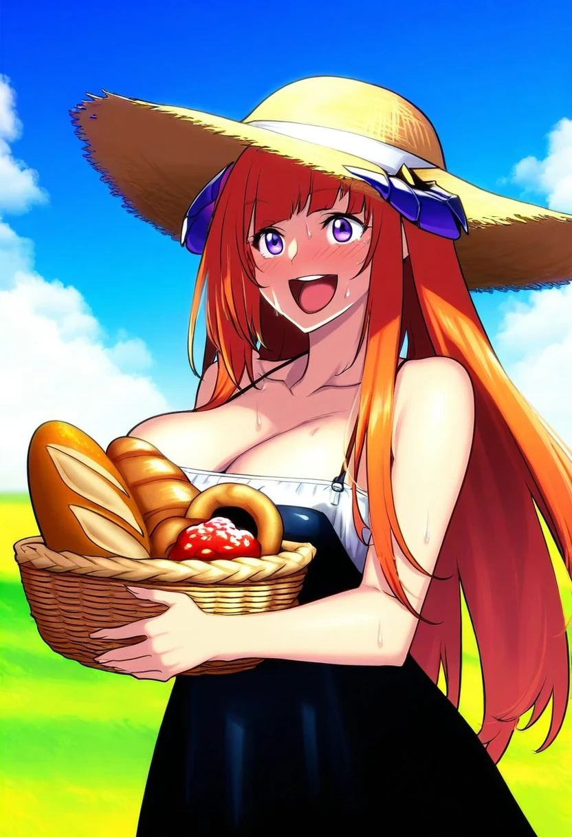 jonylaser,kazuhiro \(tiramisu\), - 1girl,bagpipe \(arknights\),arknights,baguette,blush,bread,croissant,holding basket,pretzel,upper body,straw hat,field,sky,laughing,sweat,sunlight,