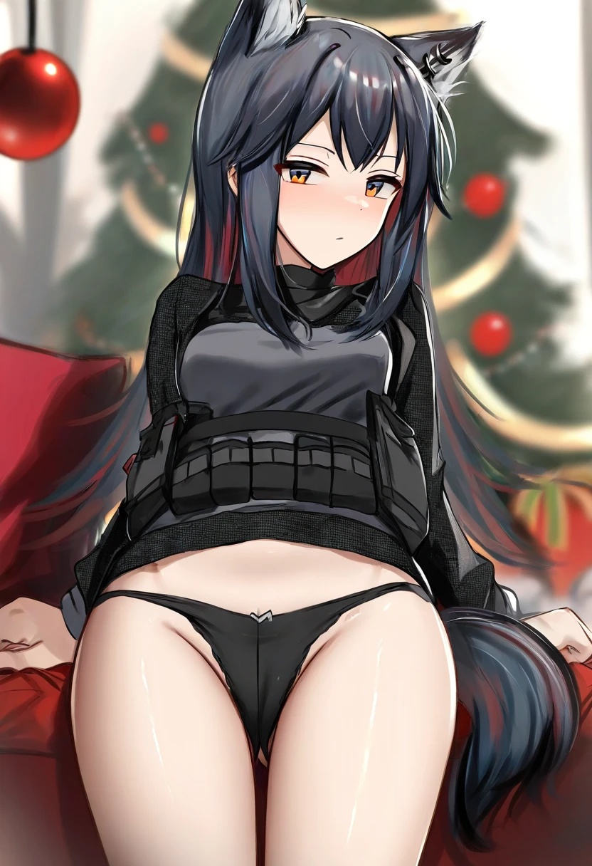 ((shengtian,nopetroto)), - 1girl,texas \(arknights\),arknights,underwear,tactical vest,christmas tree,christmas ornaments,