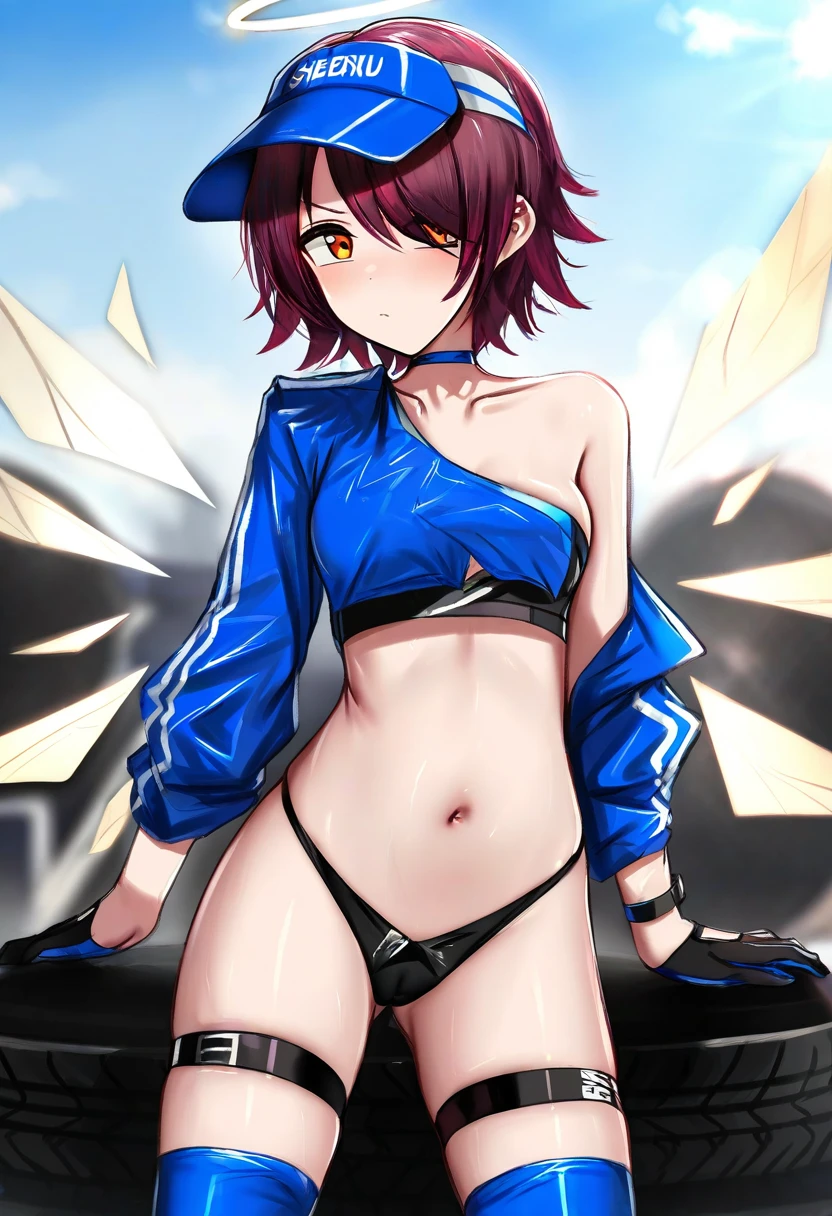 ((shengtian,nopetroto)), - 1girl,exusiai \(arknights\),arknights,black gloves,black panties,blue thigh boots,blue hat,blue jacket,long sleeves,race queen,thigh strap,thong,single bare shoulder,skindentation,tire,