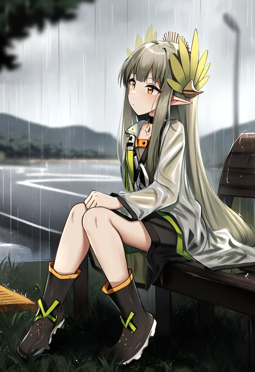 ((shengtian,nopetroto)), - 1girl,muelsyse \(arknights\),arknights,cloudy sky,grass,on bench,outdoors,rain,road,yellow rubber boots,see-through coat,sitting,transparent raincoat,water drop,