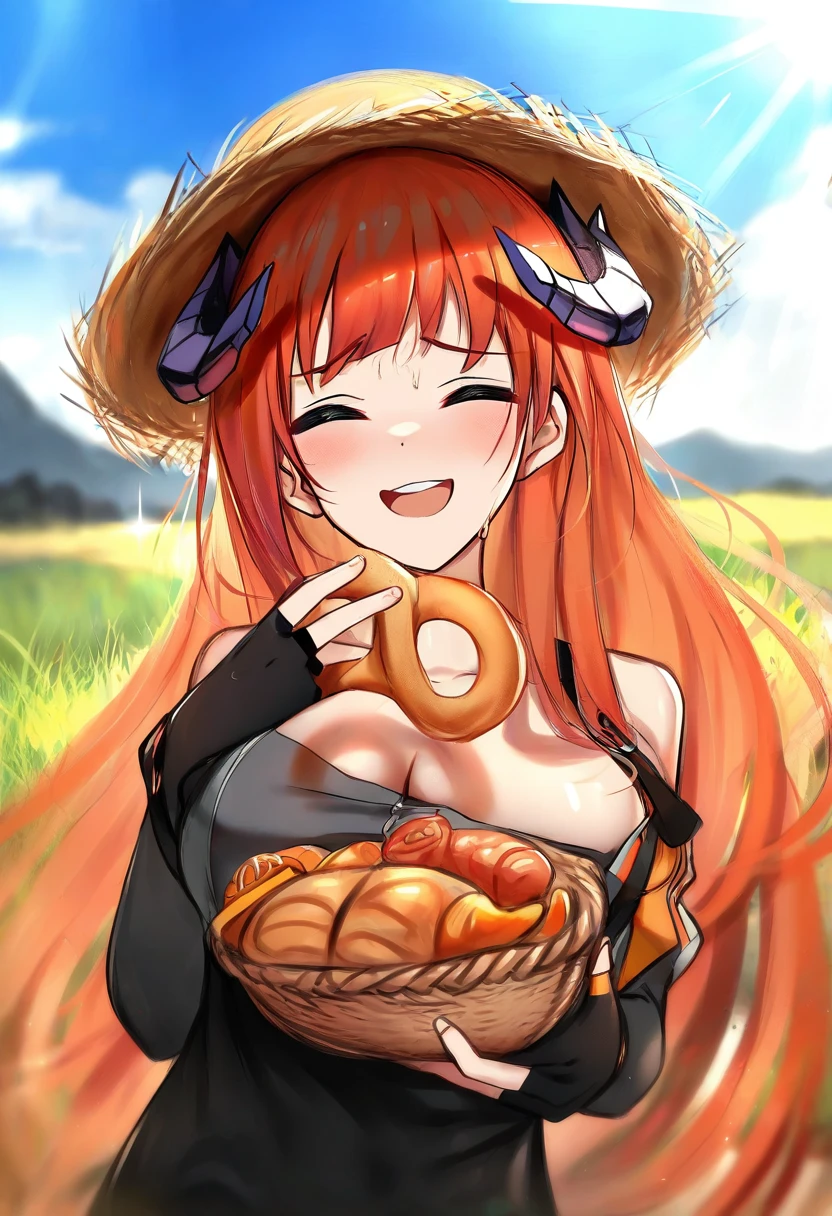 ((shengtian,nopetroto)), - 1girl,bagpipe \(arknights\),arknights,baguette,blush,bread,croissant,holding basket,pretzel,upper body,straw hat,field,sky,laughing,sweat,sunlight,