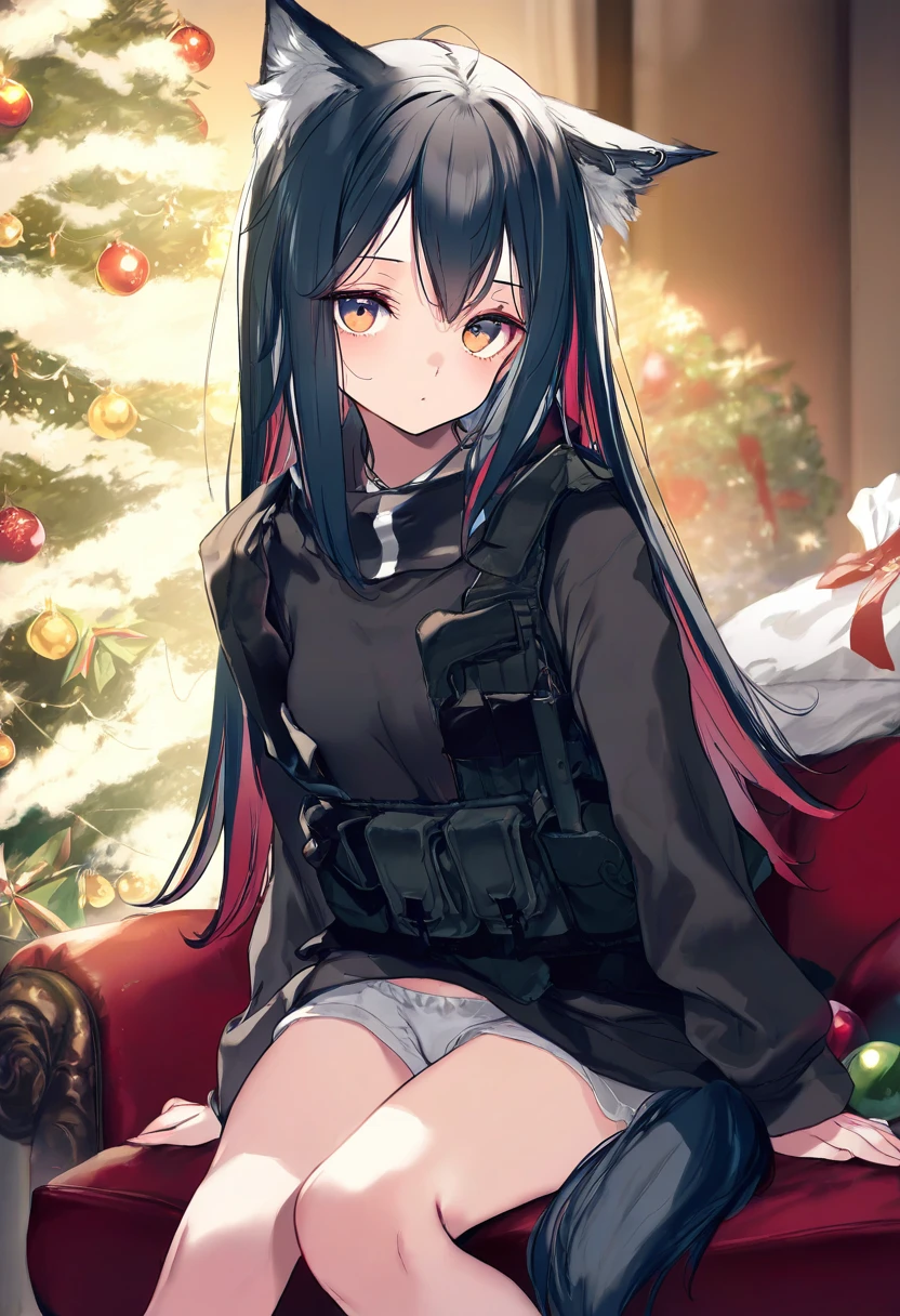 [onineko],[ke-ta],[[shanyao jiang tororo]], - 1girl,texas \(arknights\),arknights,underwear,tactical vest,christmas tree,christmas ornaments,