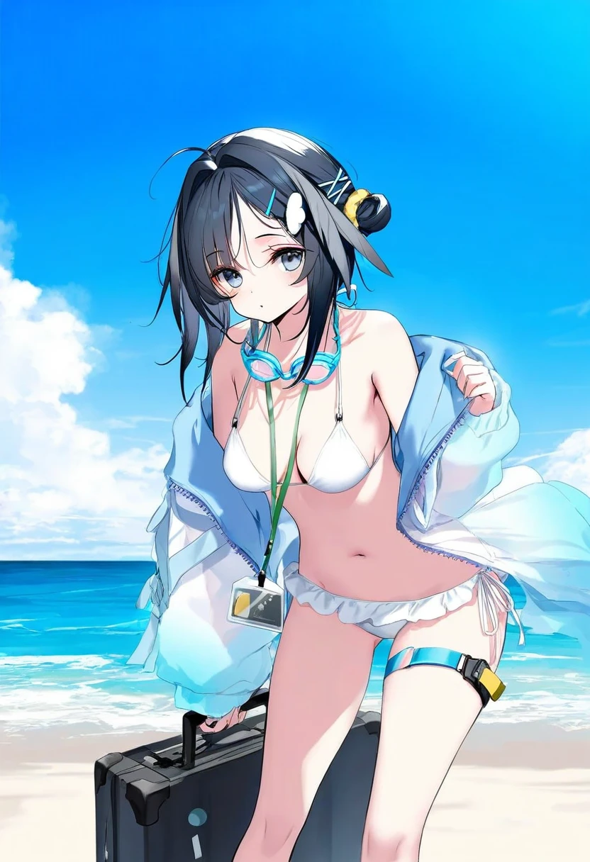 [onineko],[ke-ta],[[shanyao jiang tororo]], - 1girl,la pluma \(summer flowers\) \(arknights\),arknights,white bikini,outdoors,navel,day,sky,blue sky,beach,suitcase,looking at viewer,ocean,low-tied long hair,leaning forward,standing,holding,frills,hand up,bare shoulders,floating hair,