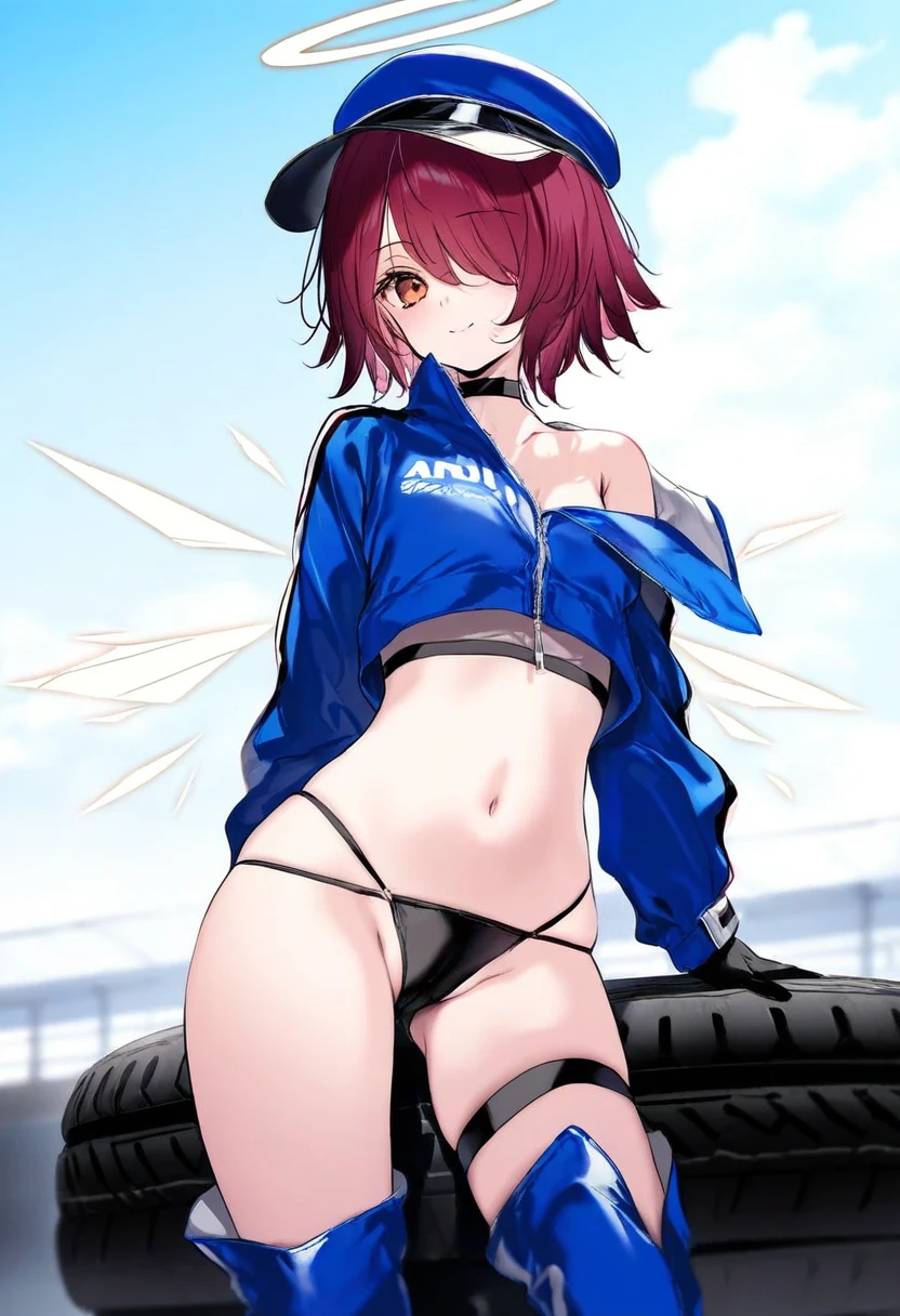 [onineko],[ke-ta],[[shanyao jiang tororo]], - 1girl,exusiai \(arknights\),arknights,black gloves,black panties,blue thigh boots,blue hat,blue jacket,long sleeves,race queen,thigh strap,thong,single bare shoulder,skindentation,tire,