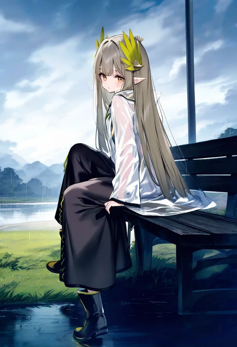 [onineko],[ke-ta],[[shanyao jiang tororo]], - 1girl,muelsyse \(arknights\),arknights,cloudy sky,grass,on bench,outdoors,rain,road,yellow rubber boots,see-through coat,sitting,transparent raincoat,water drop,