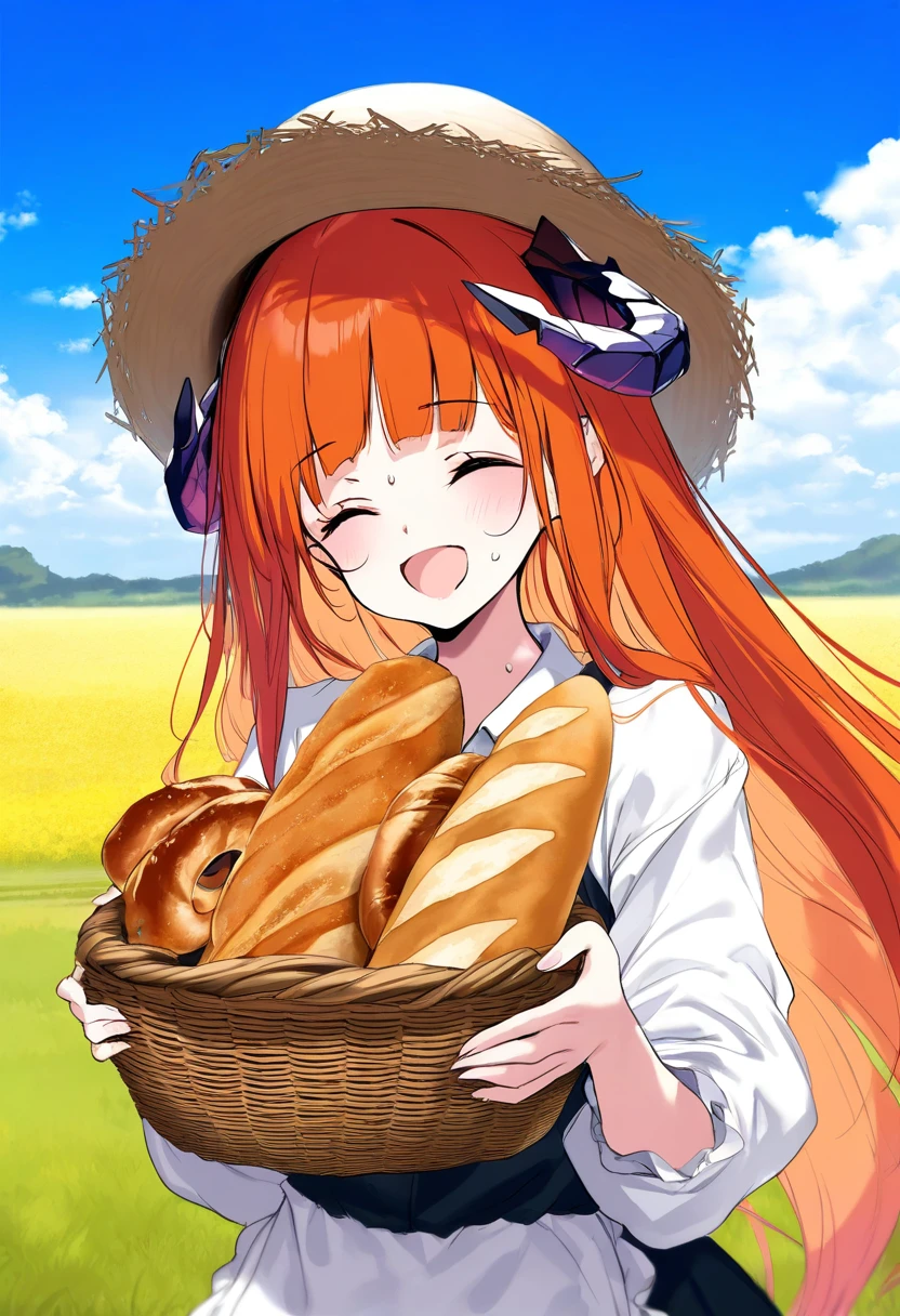 [onineko],[ke-ta],[[shanyao jiang tororo]], - 1girl,bagpipe \(arknights\),arknights,baguette,blush,bread,croissant,holding basket,pretzel,upper body,straw hat,field,sky,laughing,sweat,sunlight,