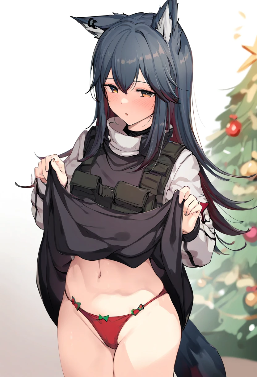 ((icomochi)),(namiorii), - 1girl,texas \(arknights\),arknights,underwear,tactical vest,christmas tree,christmas ornaments,