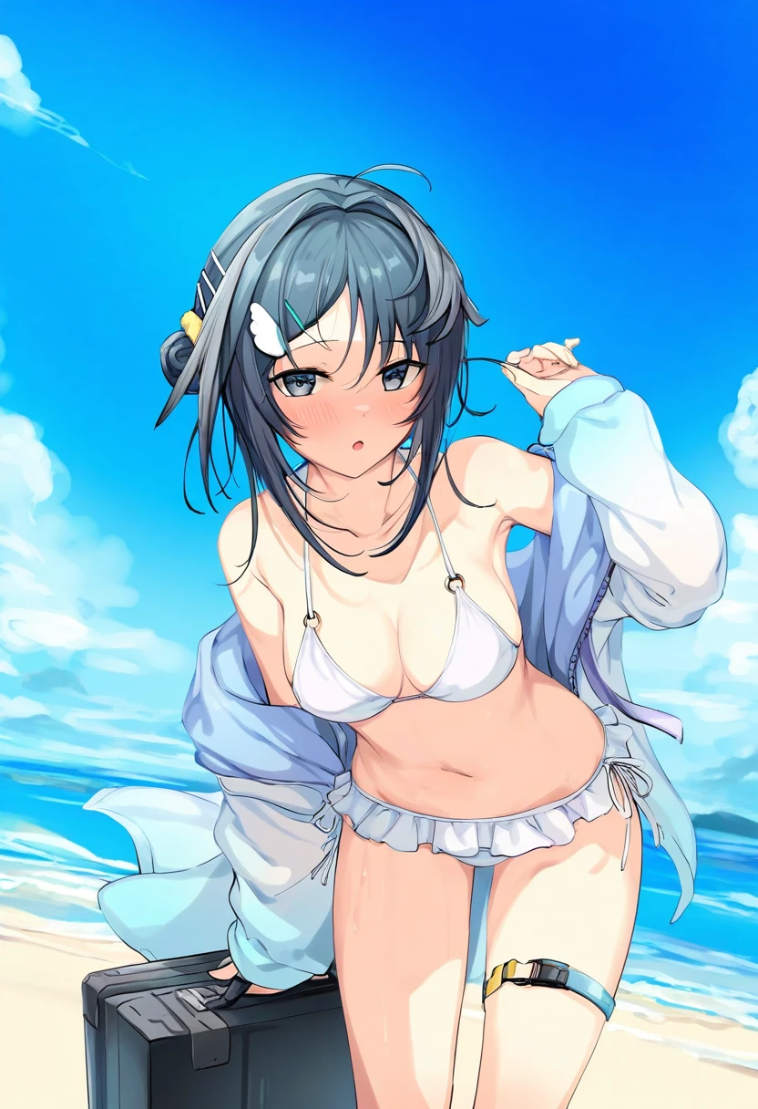((icomochi)),(namiorii), - 1girl,la pluma \(summer flowers\) \(arknights\),arknights,white bikini,outdoors,navel,day,sky,blue sky,beach,suitcase,looking at viewer,ocean,low-tied long hair,leaning forward,standing,holding,frills,hand up,bare shoulders,floating hair,