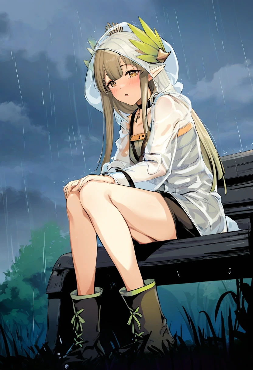 ((icomochi)),(namiorii), - 1girl,muelsyse \(arknights\),arknights,cloudy sky,grass,on bench,outdoors,rain,road,yellow rubber boots,see-through coat,sitting,transparent raincoat,water drop,