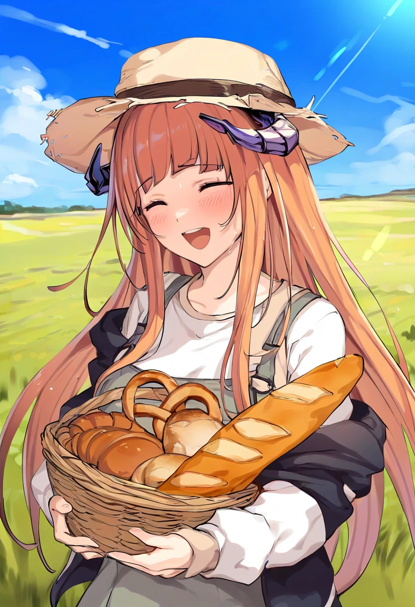 ((icomochi)),(namiorii), - 1girl,bagpipe \(arknights\),arknights,baguette,blush,bread,croissant,holding basket,pretzel,upper body,straw hat,field,sky,laughing,sweat,sunlight,