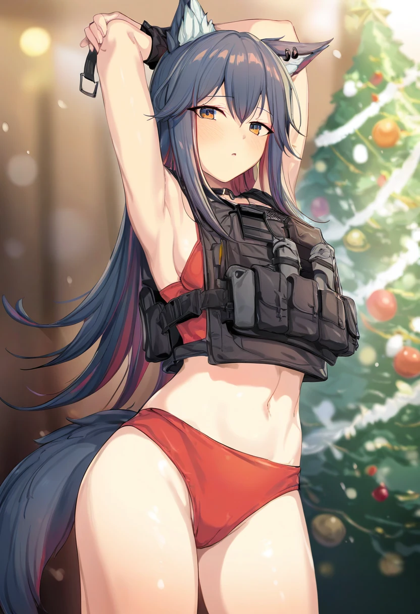 (icomochi),[darklux], - 1girl,texas \(arknights\),arknights,underwear,tactical vest,christmas tree,christmas ornaments,