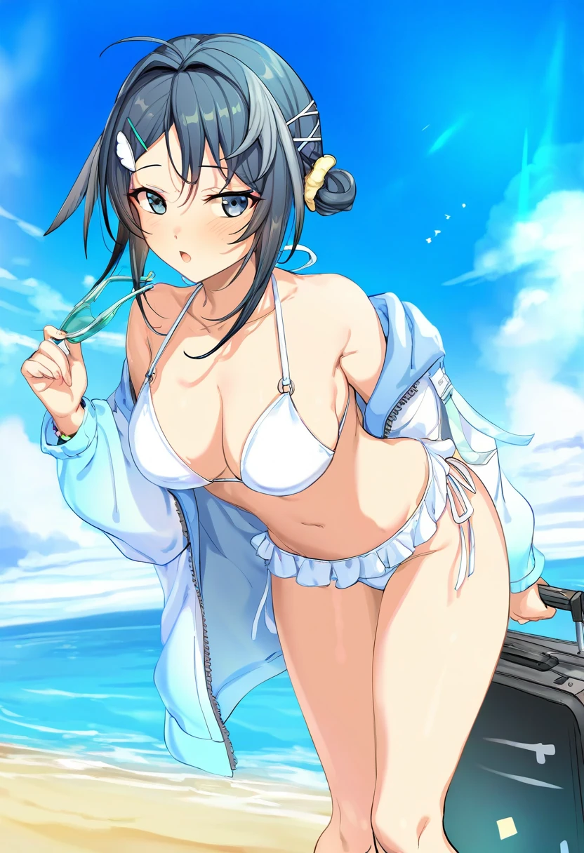 (icomochi),[darklux], - 1girl,la pluma \(summer flowers\) \(arknights\),arknights,white bikini,outdoors,navel,day,sky,blue sky,beach,suitcase,looking at viewer,ocean,low-tied long hair,leaning forward,standing,holding,frills,hand up,bare shoulders,floating hair,