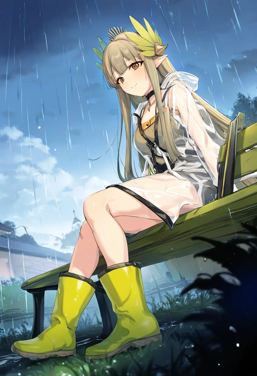(icomochi),[darklux], - 1girl,muelsyse \(arknights\),arknights,cloudy sky,grass,on bench,outdoors,rain,road,yellow rubber boots,see-through coat,sitting,transparent raincoat,water drop,
