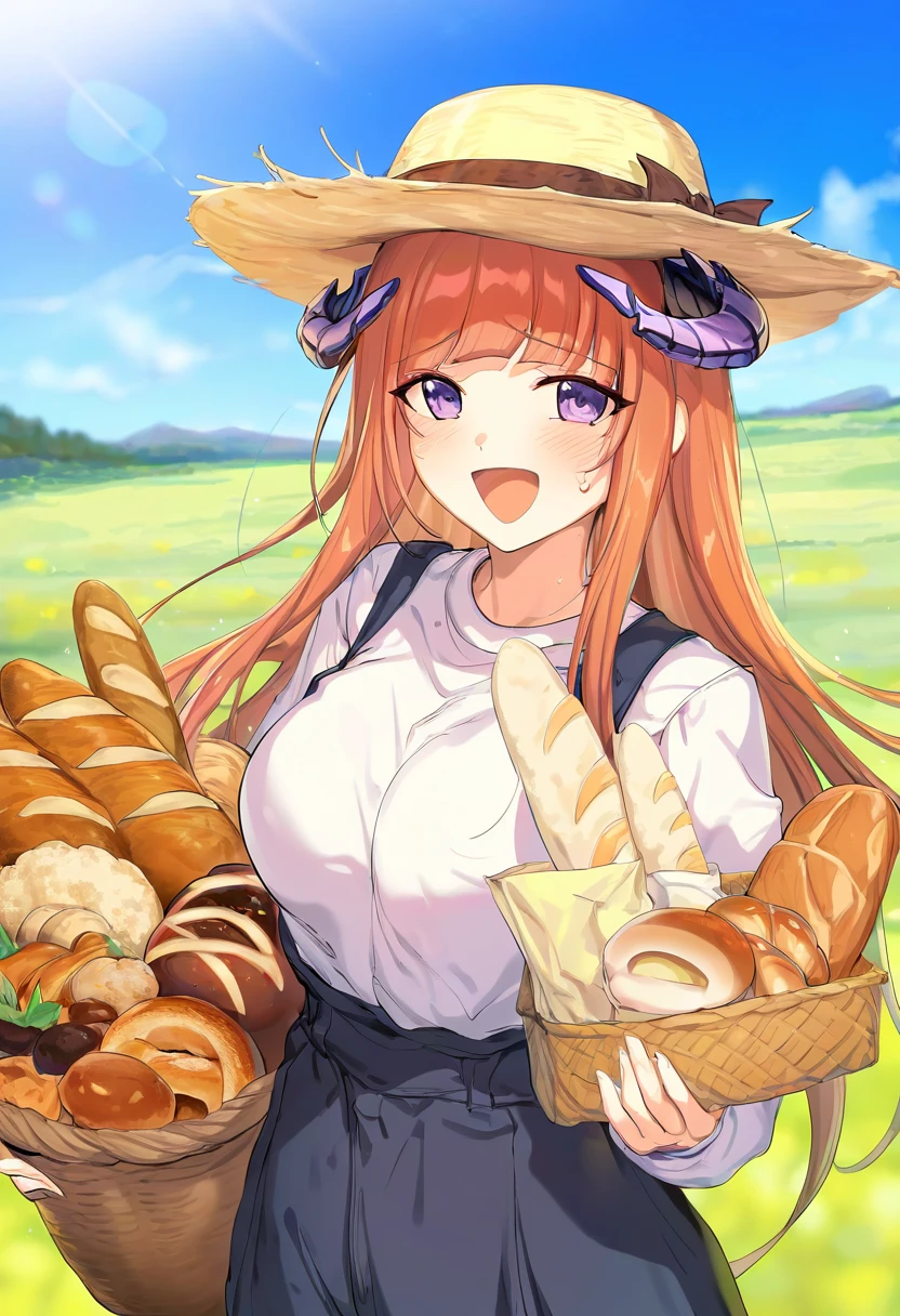 (icomochi),[darklux], - 1girl,bagpipe \(arknights\),arknights,baguette,blush,bread,croissant,holding basket,pretzel,upper body,straw hat,field,sky,laughing,sweat,sunlight,