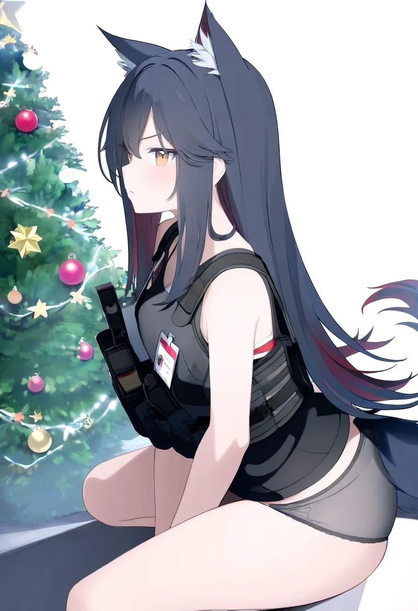 ((blue archive official art )),[[[jyt]]],((rotroto)), - 1girl,texas \(arknights\),arknights,underwear,tactical vest,christmas tree,christmas ornaments,