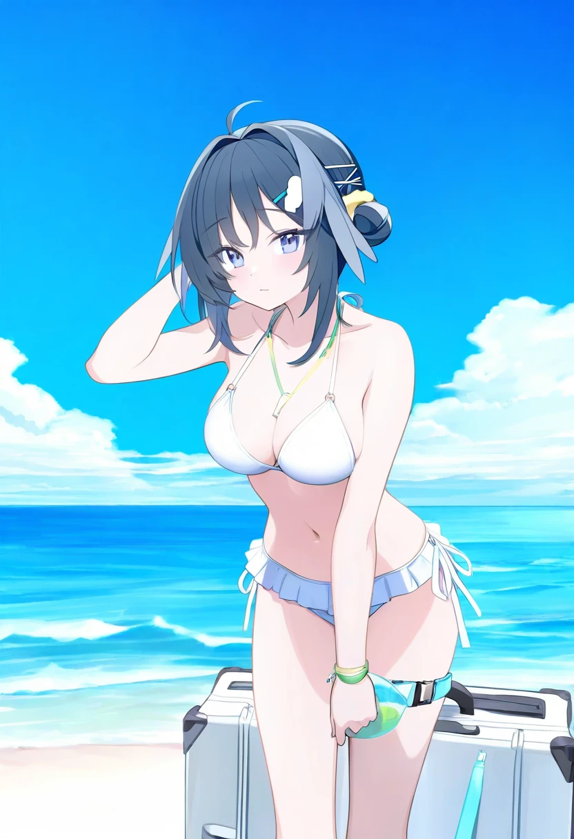 ((blue archive official art )),[[[jyt]]],((rotroto)), - 1girl,la pluma \(summer flowers\) \(arknights\),arknights,white bikini,outdoors,navel,day,sky,blue sky,beach,suitcase,looking at viewer,ocean,low-tied long hair,leaning forward,standing,holding,frills,hand up,bare shoulders,floating hair,