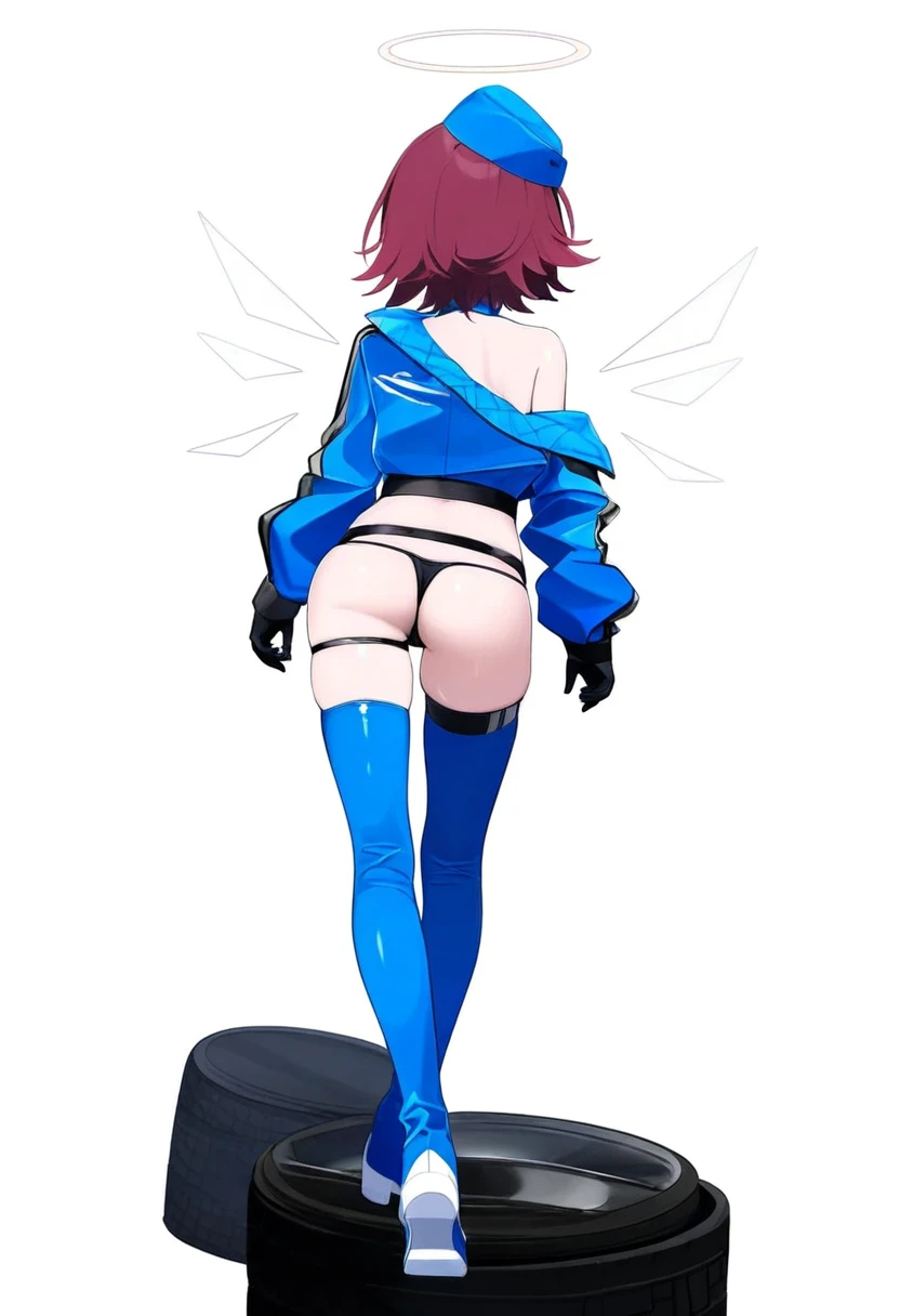 ((blue archive official art )),[[[jyt]]],((rotroto)), - 1girl,exusiai \(arknights\),arknights,black gloves,black panties,blue thigh boots,blue hat,blue jacket,long sleeves,race queen,thigh strap,thong,single bare shoulder,skindentation,tire,