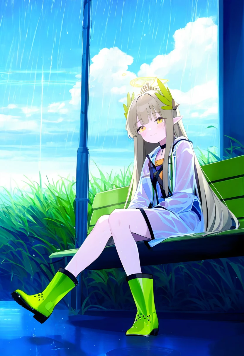 ((blue archive official art )),[[[jyt]]],((rotroto)), - 1girl,muelsyse \(arknights\),arknights,cloudy sky,grass,on bench,outdoors,rain,road,yellow rubber boots,see-through coat,sitting,transparent raincoat,water drop,