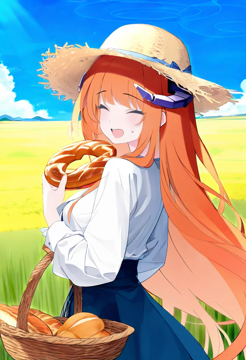 ((blue archive official art )),[[[jyt]]],((rotroto)), - 1girl,bagpipe \(arknights\),arknights,baguette,blush,bread,croissant,holding basket,pretzel,upper body,straw hat,field,sky,laughing,sweat,sunlight,