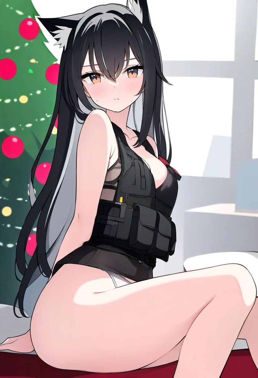 [jyt],namagome negi,hayana neru, - 1girl,texas \(arknights\),arknights,underwear,tactical vest,christmas tree,christmas ornaments,
