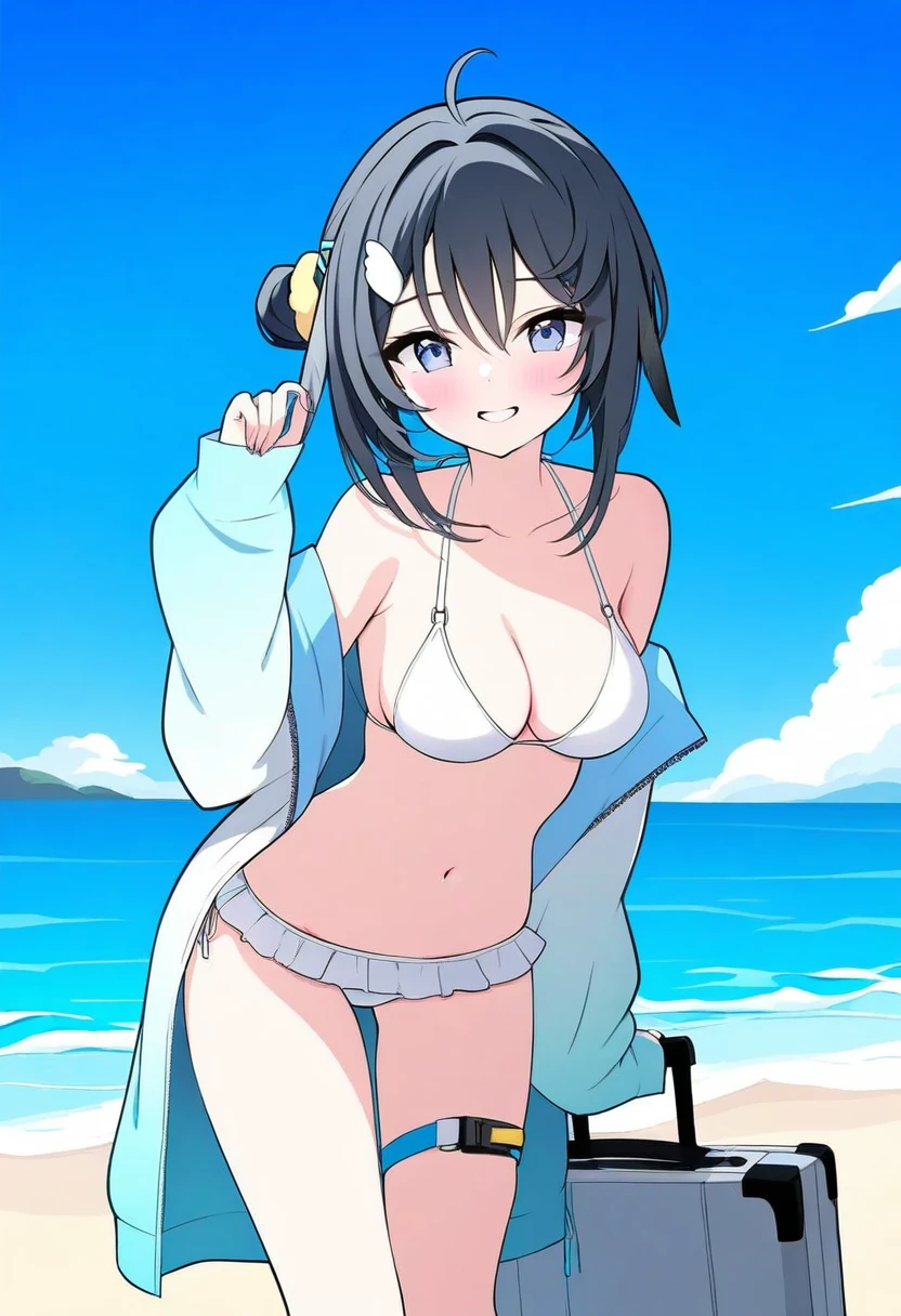 [jyt],namagome negi,hayana neru, - 1girl,la pluma \(summer flowers\) \(arknights\),arknights,white bikini,outdoors,navel,day,sky,blue sky,beach,suitcase,looking at viewer,ocean,low-tied long hair,leaning forward,standing,holding,frills,hand up,bare shoulders,floating hair,