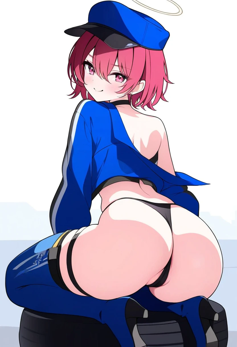 [jyt],namagome negi,hayana neru, - 1girl,exusiai \(arknights\),arknights,black gloves,black panties,blue thigh boots,blue hat,blue jacket,long sleeves,race queen,thigh strap,thong,single bare shoulder,skindentation,tire,