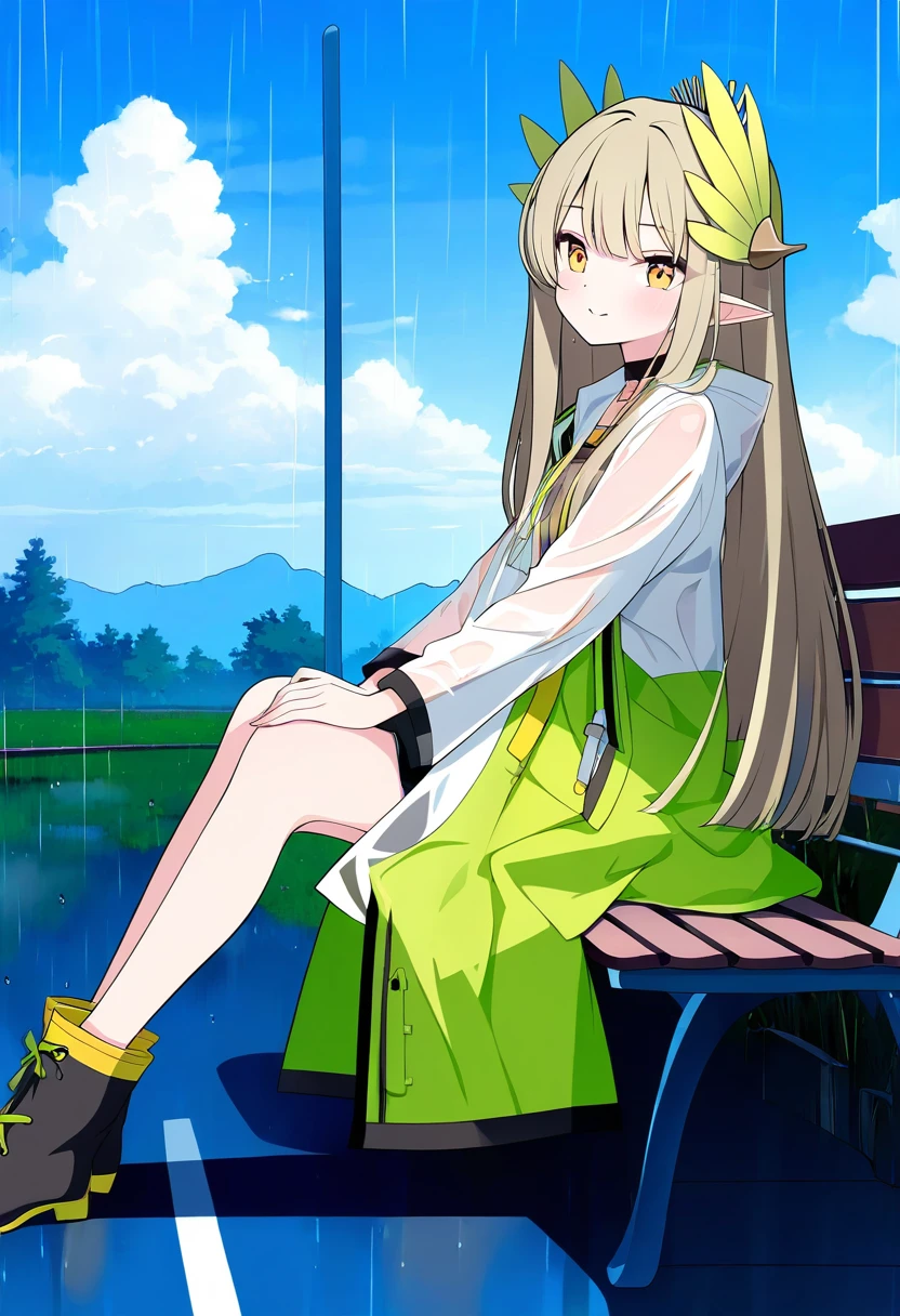 [jyt],namagome negi,hayana neru, - 1girl,muelsyse \(arknights\),arknights,cloudy sky,grass,on bench,outdoors,rain,road,yellow rubber boots,see-through coat,sitting,transparent raincoat,water drop,