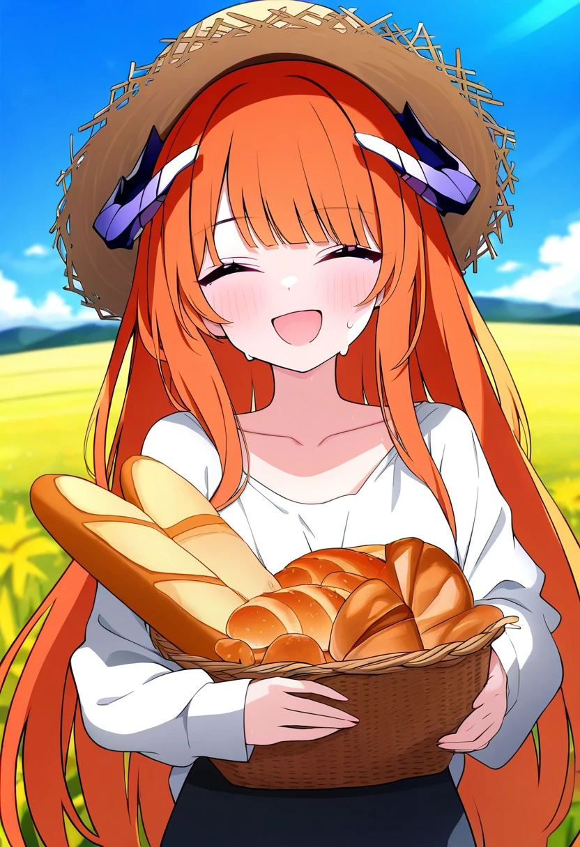 [jyt],namagome negi,hayana neru, - 1girl,bagpipe \(arknights\),arknights,baguette,blush,bread,croissant,holding basket,pretzel,upper body,straw hat,field,sky,laughing,sweat,sunlight,