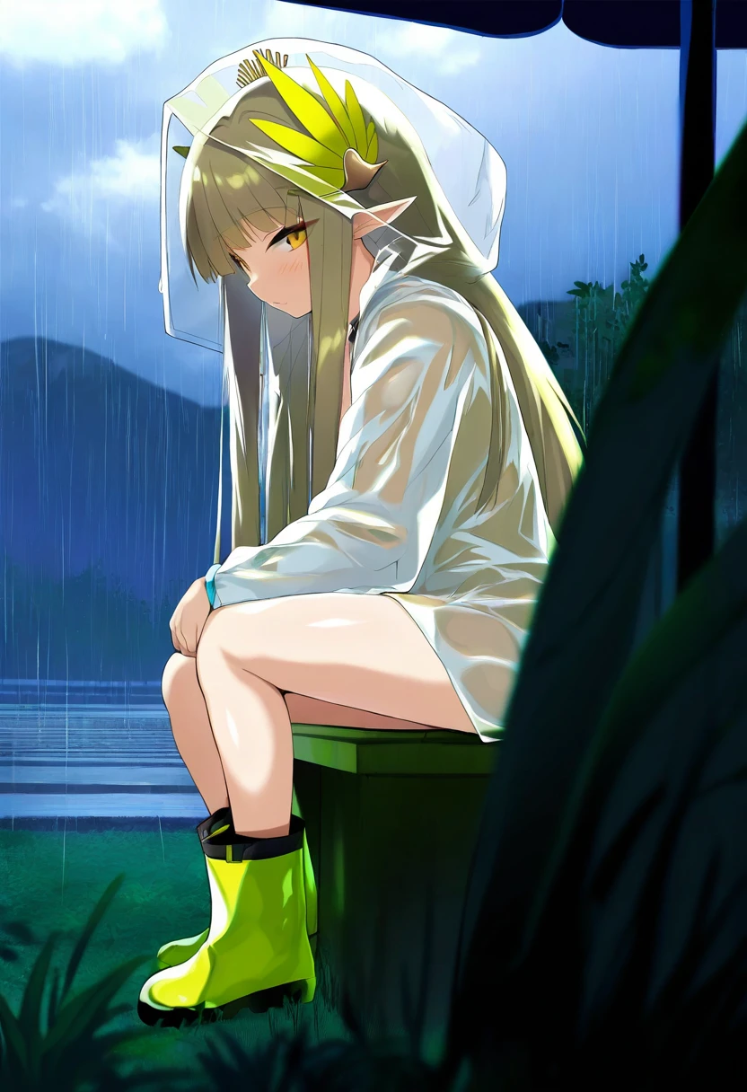 hayana neru,shimejinameko, - 1girl,muelsyse \(arknights\),arknights,cloudy sky,grass,on bench,outdoors,rain,road,yellow rubber boots,see-through coat,sitting,transparent raincoat,water drop,