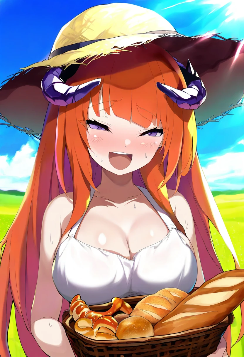 hayana neru,shimejinameko, - 1girl,bagpipe \(arknights\),arknights,baguette,blush,bread,croissant,holding basket,pretzel,upper body,straw hat,field,sky,laughing,sweat,sunlight,