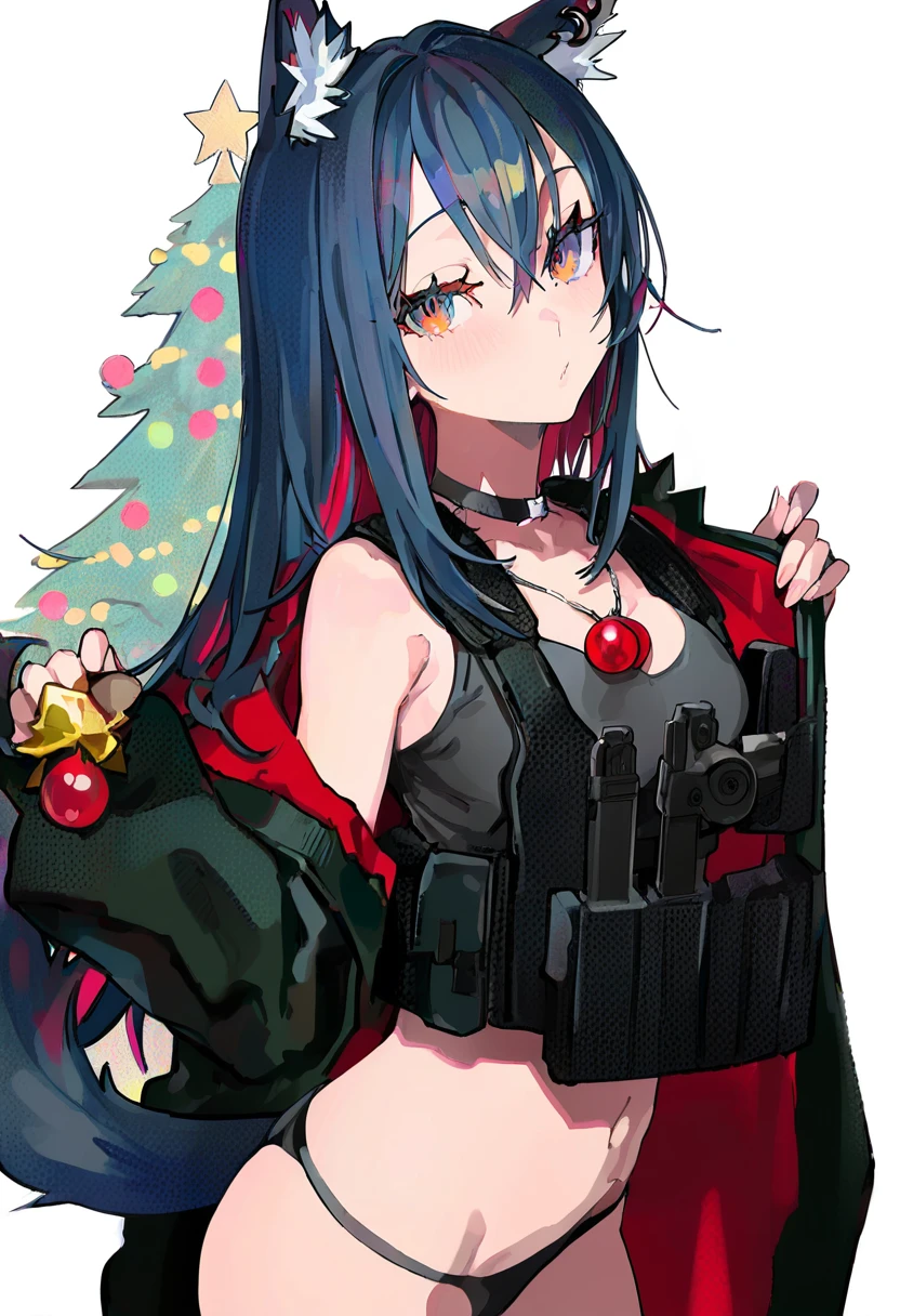 lam \(ramdayo\),mika pikazo,freng, - 1girl,texas \(arknights\),arknights,underwear,tactical vest,christmas tree,christmas ornaments,