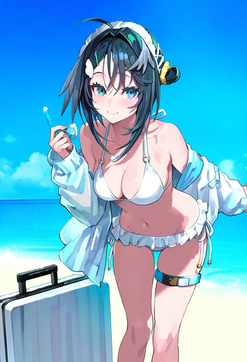 lam \(ramdayo\),mika pikazo,freng, - 1girl,la pluma \(summer flowers\) \(arknights\),arknights,white bikini,outdoors,navel,day,sky,blue sky,beach,suitcase,looking at viewer,ocean,low-tied long hair,leaning forward,standing,holding,frills,hand up,bare shoulders,floating hair,